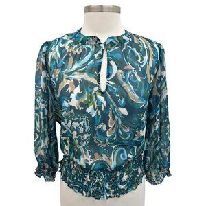 Womens PL Blue Green Sheer Blouse Ruffle Hem Smocked Boho Lightweight Top